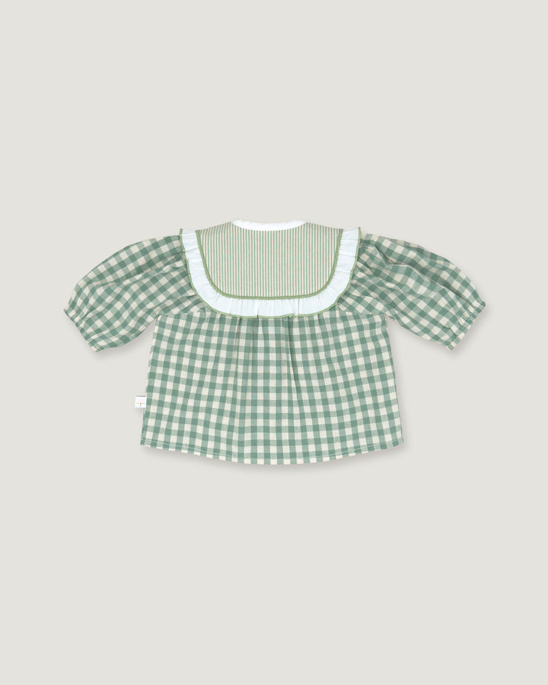 A green and white gingham short-sleeve top with a ruffled white collar, displayed flat against a light gray background.