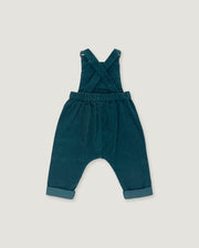 A pair of toddler corduroy overall jumpsuit in a deep teal blue-green color, featuring adjustable shoulder straps that cross over the chest and cuffed harem-style legs, shown flat on a light gray background.