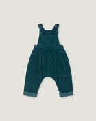 A pair of toddler corduroy overall jumpsuit in a deep teal blue-green color, featuring adjustable shoulder straps that cross over the chest and cuffed harem-style legs, shown flat on a light gray background.