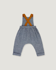 A pair of baby boy's heathered blue-gray denim overall pants with brown suspenders, shown flat on a light gray background.
