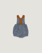 A pair of baby boy's blue-gray denim bib shorts with brown suspenders, laid flat on a light gray background.
