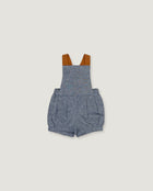 A baby romper in heathered blue-gray fabric with brown shoulder straps, shown flat against a light beige background.