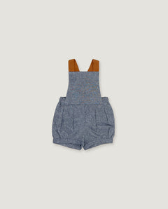 A baby romper in heathered blue-gray fabric with brown shoulder straps, shown flat against a light beige background.