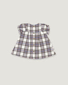 A toddler girl's short-sleeve plaid dress with ruffled sleeves, a button-up front, and a flared silhouette, shown flat on a light gray background.