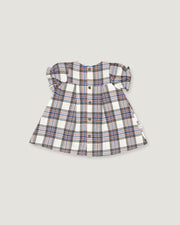 A toddler girl's short-sleeve plaid dress with ruffled sleeves, a button-up front, and a flared silhouette, shown flat on a light gray background.
