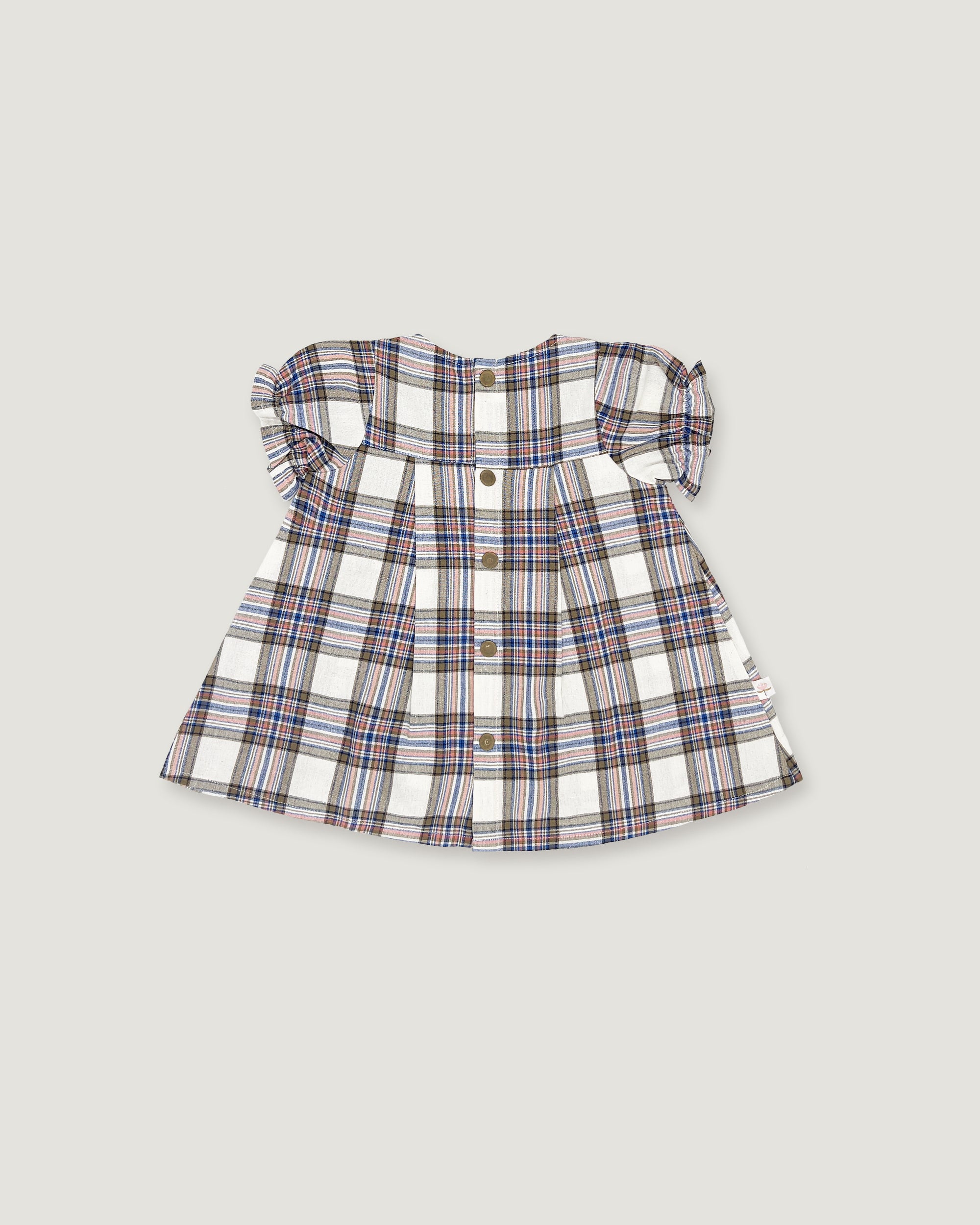 A toddler girl's short-sleeve plaid dress with ruffled sleeves, a button-up front, and a flared silhouette, shown flat on a light gray background.