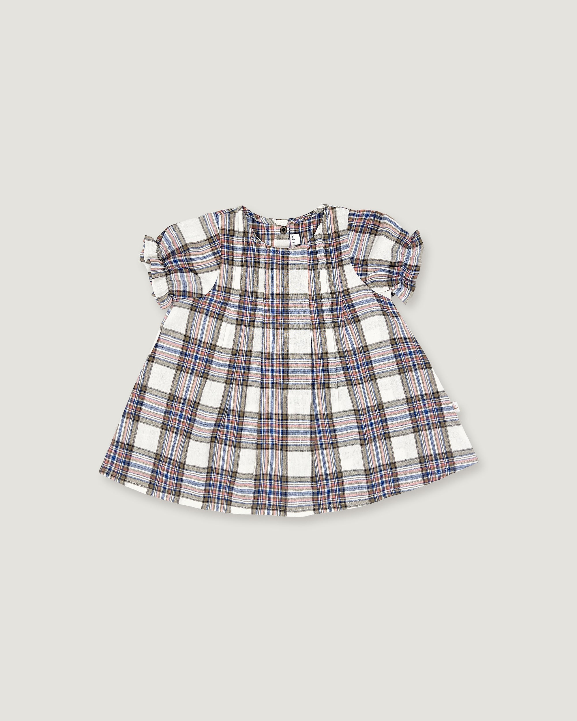A toddler girl's short-sleeve plaid dress with puff sleeves, featuring a white base with a blue, red, and gray plaid pattern, shown flat on a light gray background.