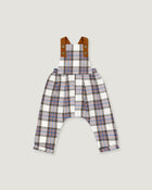 A pair of baby overalls featuring a white, blue, and red plaid pattern, with brown adjustable shoulder straps, shown flat on a light gray background.