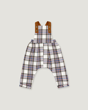 A pair of baby overalls featuring a white, blue, and red plaid pattern, with brown adjustable shoulder straps, shown flat on a light gray background.