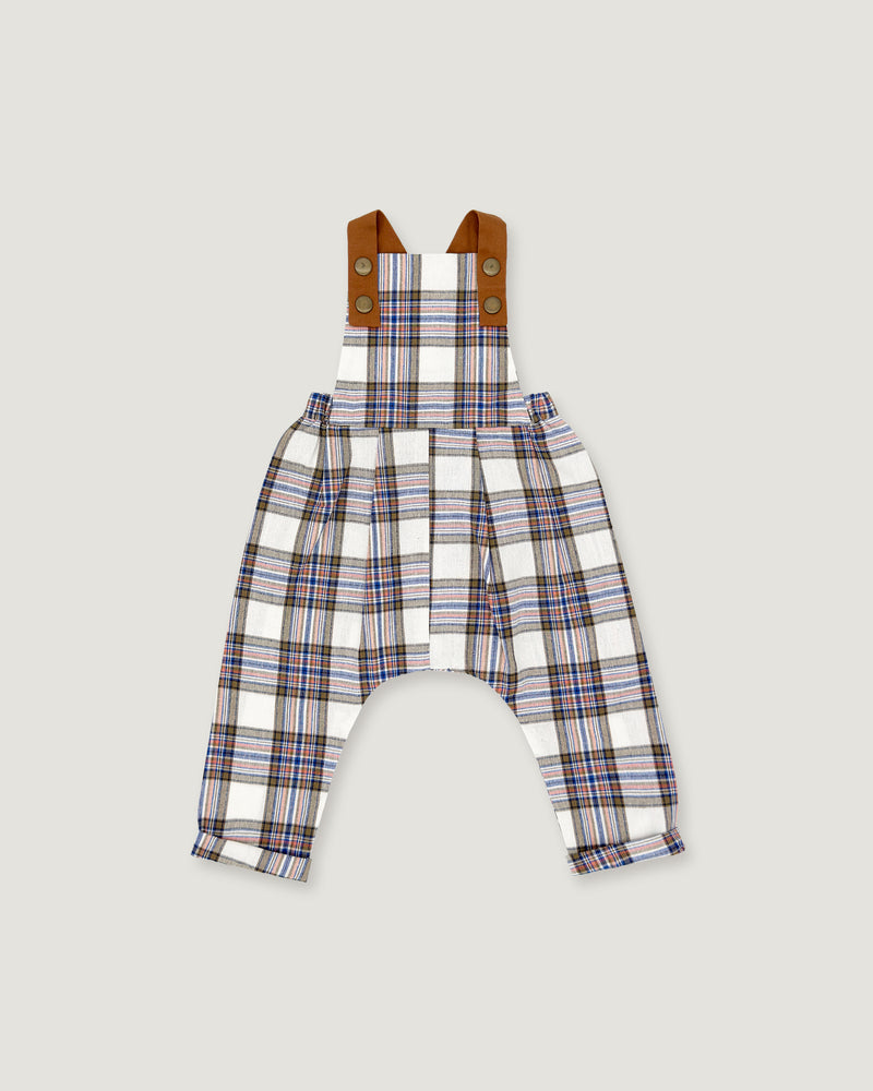 A pair of baby overalls featuring a white, blue, and red plaid pattern, with brown adjustable shoulder straps, shown flat on a light gray background.