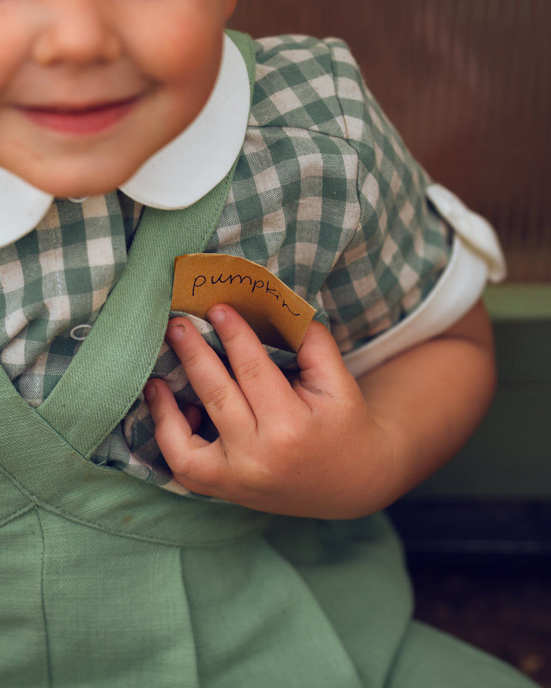 Child wearing a green checkered outfit holding a small wooden pumpkin with 'pumpkin' written on it.