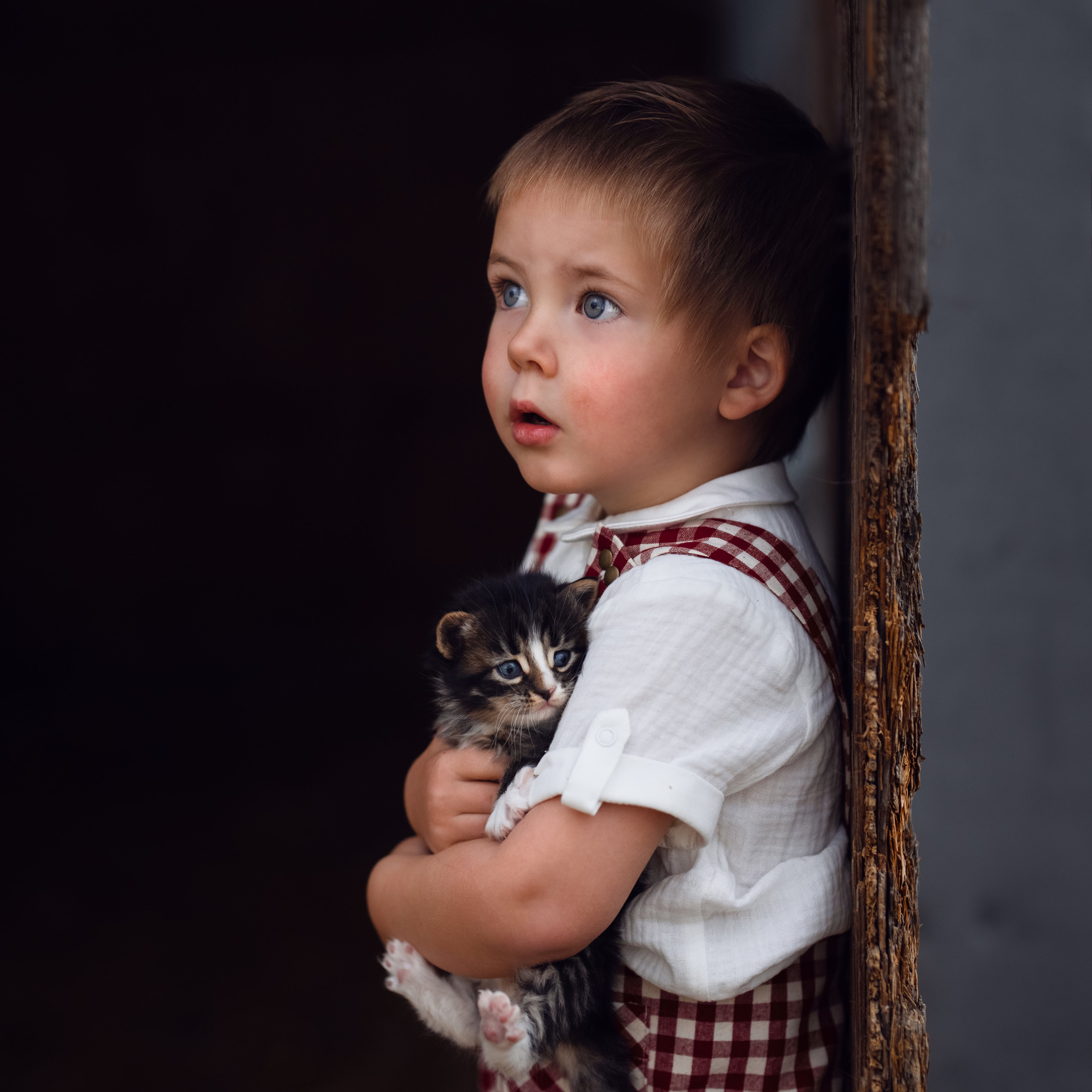 Child holding a kitten with a dark background