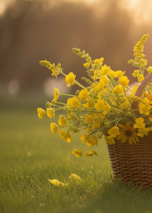 basket filled with daffodils make it slightly blurry on grass at the end of a summer day with golden tones