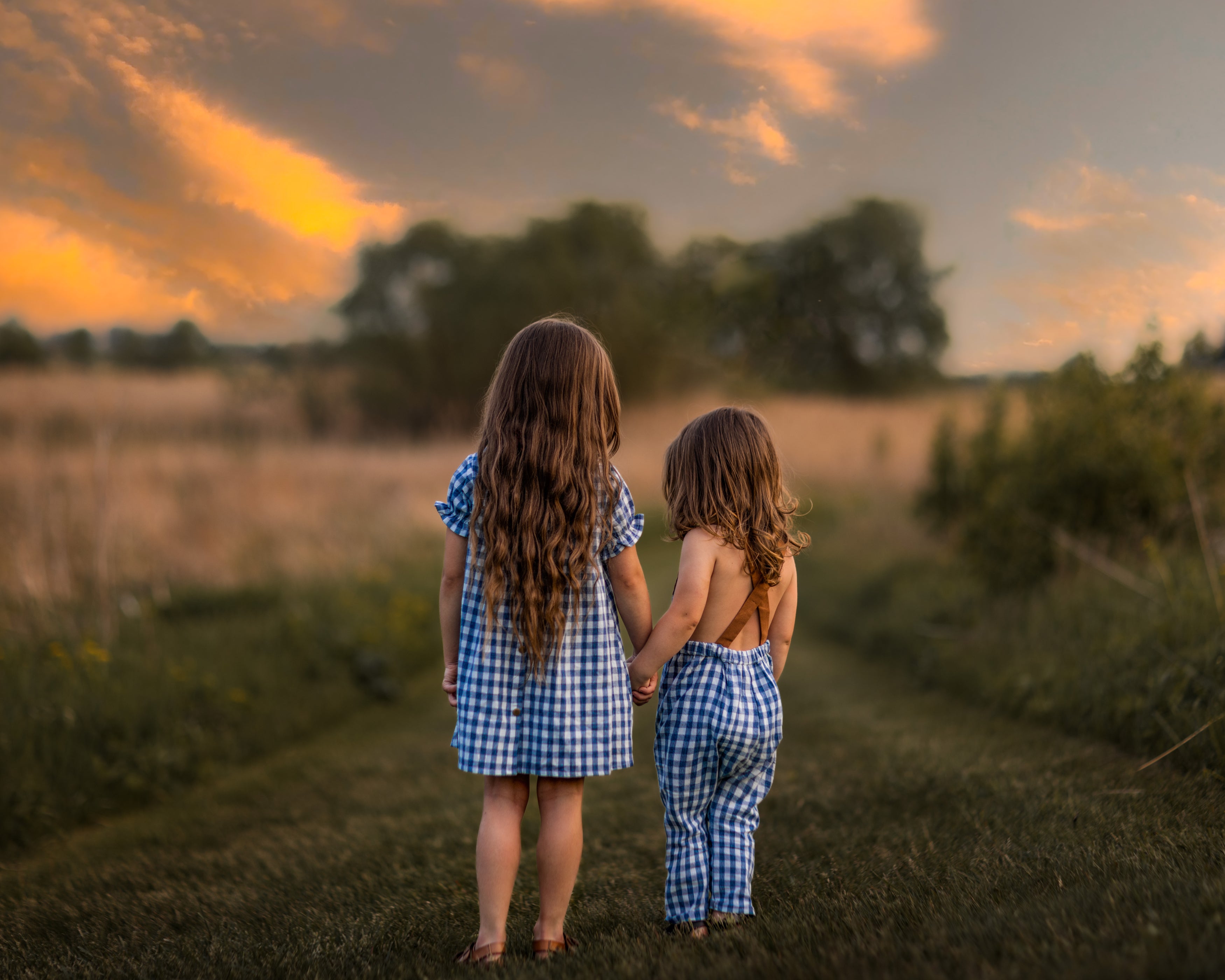 A little girl and her brother stand hand in hand, both dressed in matching Blue Gingham outfits. The girl wears a Blue Gingham linen dress, showcasing its charming pin-tucked front and delicate ruffles at the short sleeve hem. Her brother sports matching blue gingham overalls, creating an adorable twinning look. Together, they share a joyful moment, surrounded by a beautiful outdoor setting that complements their coordinated outfits.