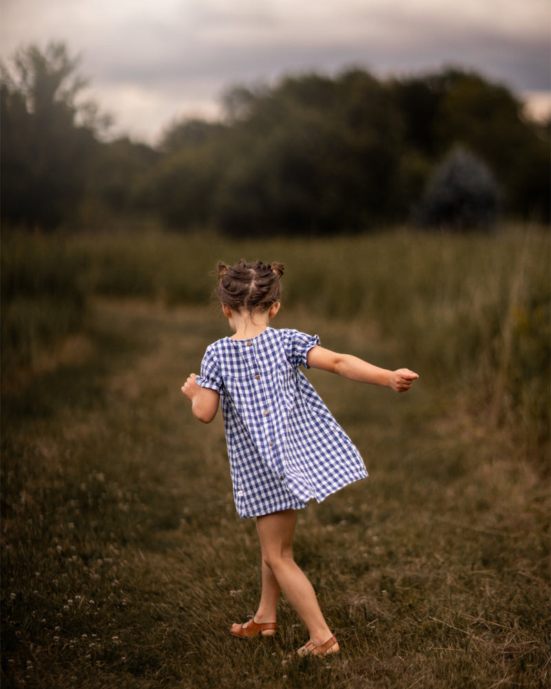 A little girl stands with her back to the camera, showcasing the Blue Gingham linen dress. The dress features a pin-tucked front and a yoke with two pleats at the back, emphasizing its charming design. The delicate ruffles at the short sleeve hem add a sweet touch, while the A-line shape allows for comfortable movement. Her hair is styled up, and she enjoys the sunny day in a picturesque field, highlighting the dress's practicality and style.