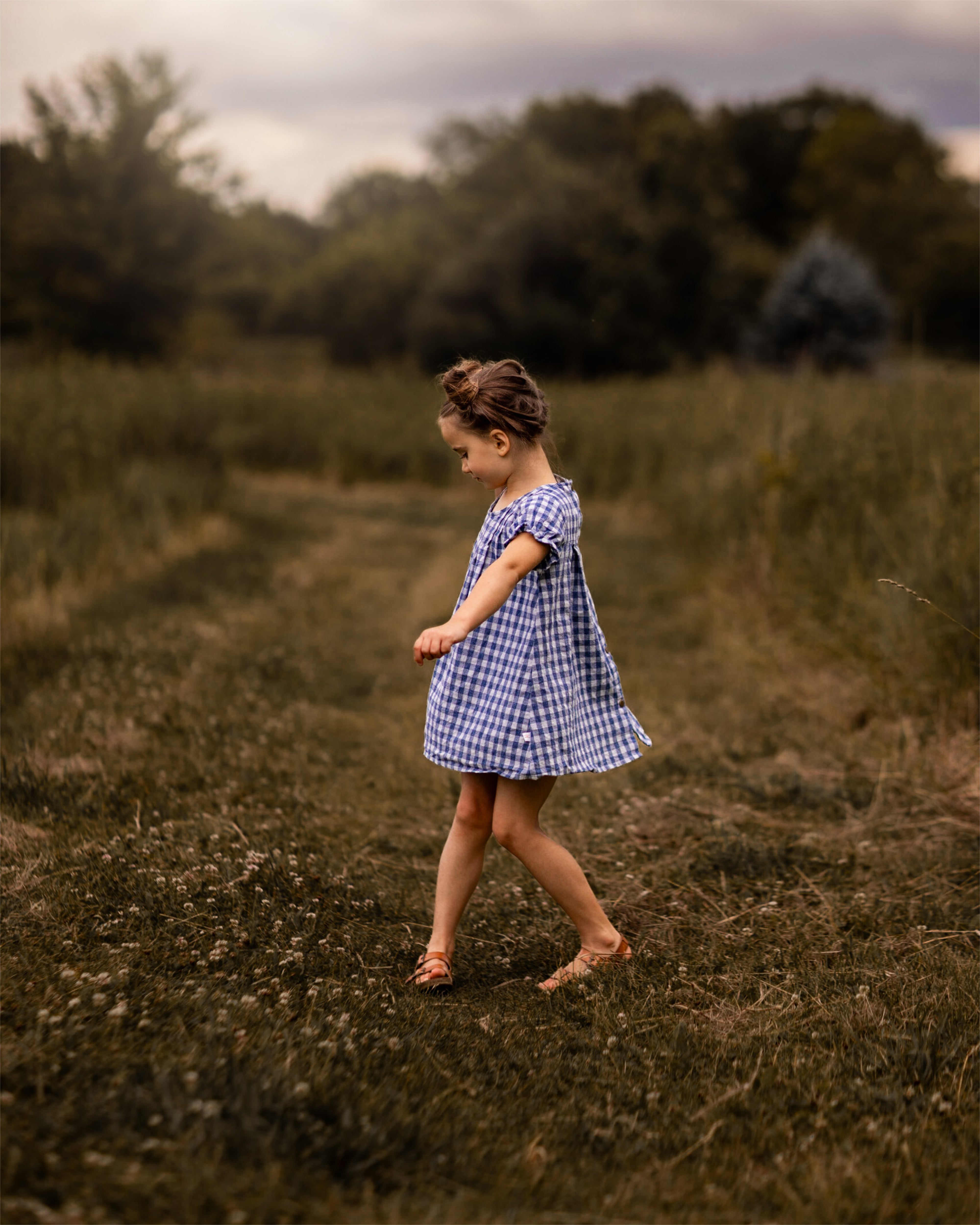 A little girl wearing a Blue Gingham linen dress dances joyfully in a field. Her hair is styled up, adding to her playful spirit. The dress features a pin-tucked front, a yoke with pleats at the back, and delicate ruffles at the short sleeve hem, creating a charming and stylish look. The A-line shape allows for easy movement, making it perfect for her carefree dancing in the warm summer breeze.