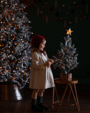 Child in a white dress and red hat standing next to a small Christmas tree with a star on top, in a dimly lit room.