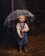 A young child standing in the rain under a clear transparent umbrella, wearing blue overalls, a light patterned shirt, and brown rain boots on a straw-covered floor against a dark wooden background.