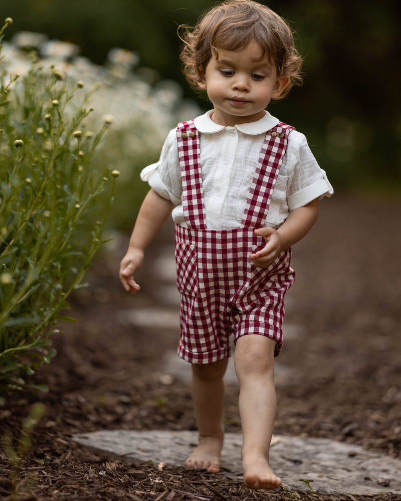 A toddler walking barefoot on a garden path, wearing a white short-sleeve collared shirt and red-and-white gingham check overalls.