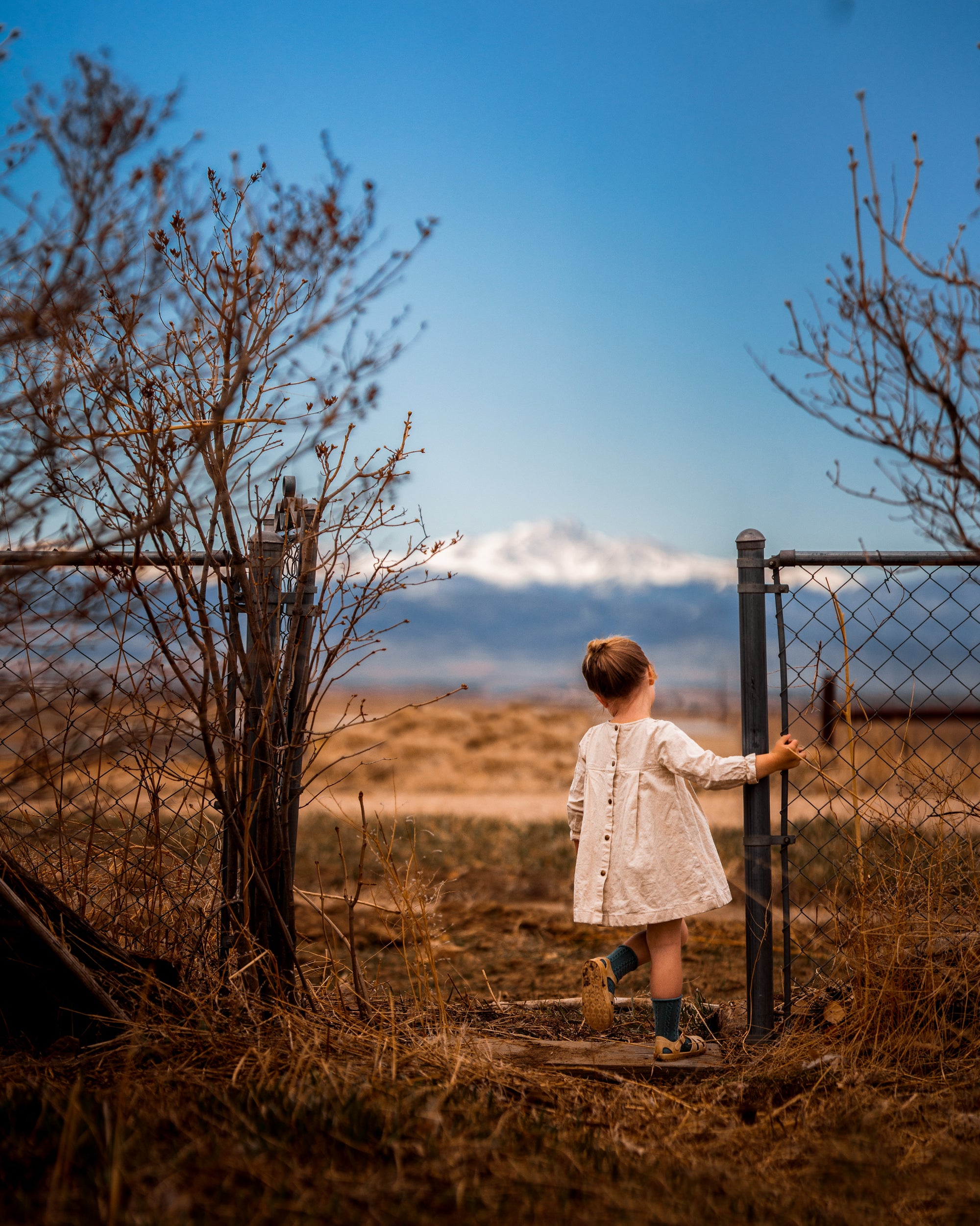 Child standing by a fence in a dry field with a mountainous background